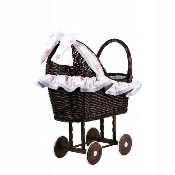 Passeggino per bambole in vimini con finiture grigie, cuscino e trapunta 55x30x57 cm