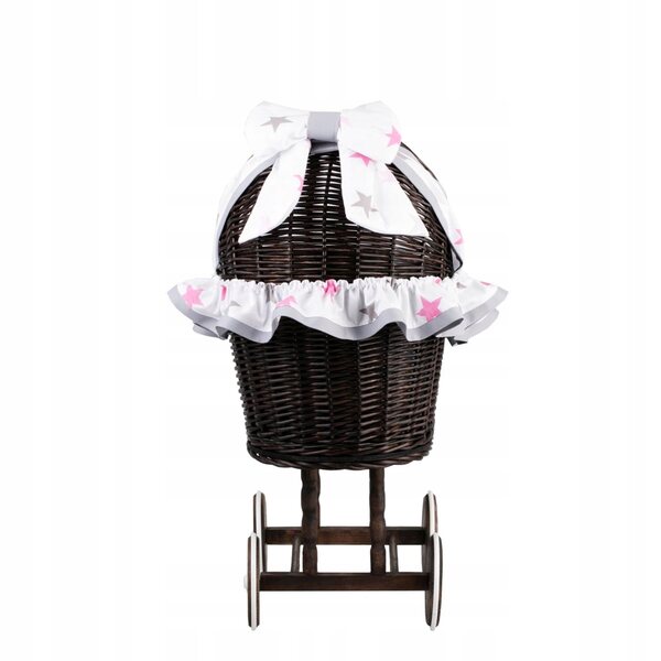Passeggino per bambole in vimini con finiture grigie, cuscino e trapunta 55x30x57 cm