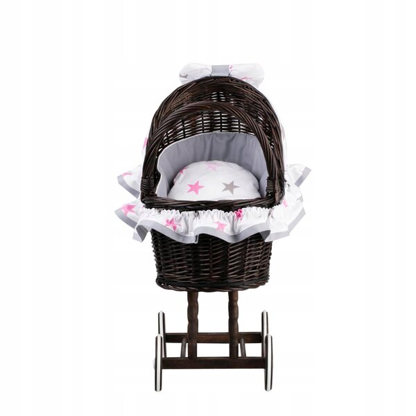 Passeggino per bambole in vimini con finiture grigie, cuscino e trapunta 55x30x57 cm