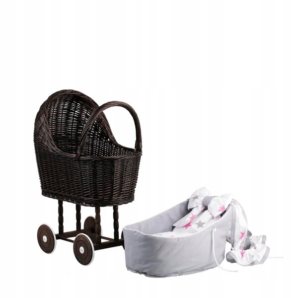 Passeggino per bambole in vimini con finiture grigie, cuscino e trapunta 55x30x57 cm
