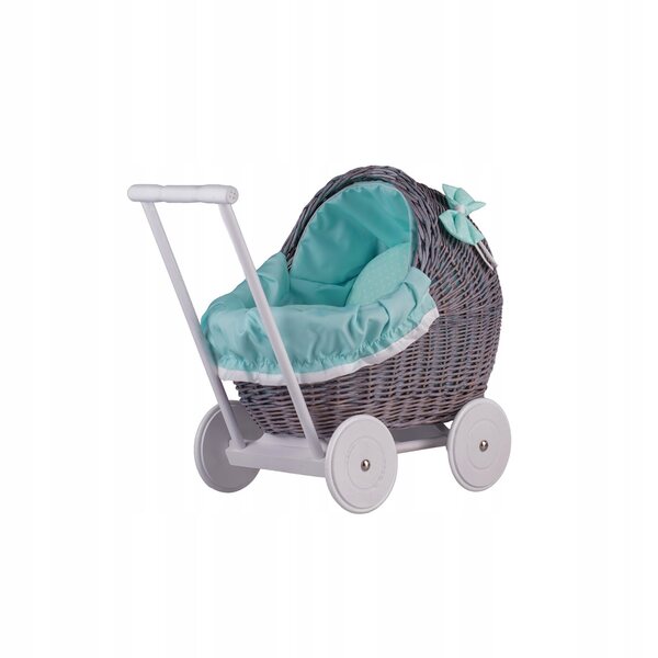 Passeggino per bambole Lili in vimini con finiture color menta, trapunta e cuscino