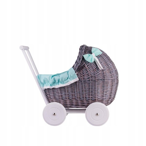 Passeggino per bambole Lili in vimini con finiture color menta, trapunta e cuscino