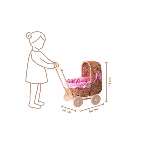 Ein Puppenwagen aus Korbgeflecht mit rosa Besatz, Bettwäsche und Holzgriff