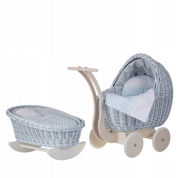 Set aus Holz und Korbgeflecht für Puppen: Kinderwagen und Wiege mit blauer Polsterung