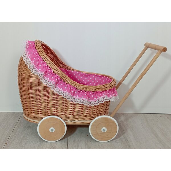 Puppenwagen aus Korbgeflecht mit Bettzeug, Holzrädern, polnisches Produkt