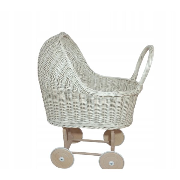 Passeggino in vimini bianco per bambole con ruote in legno, realizzato a mano