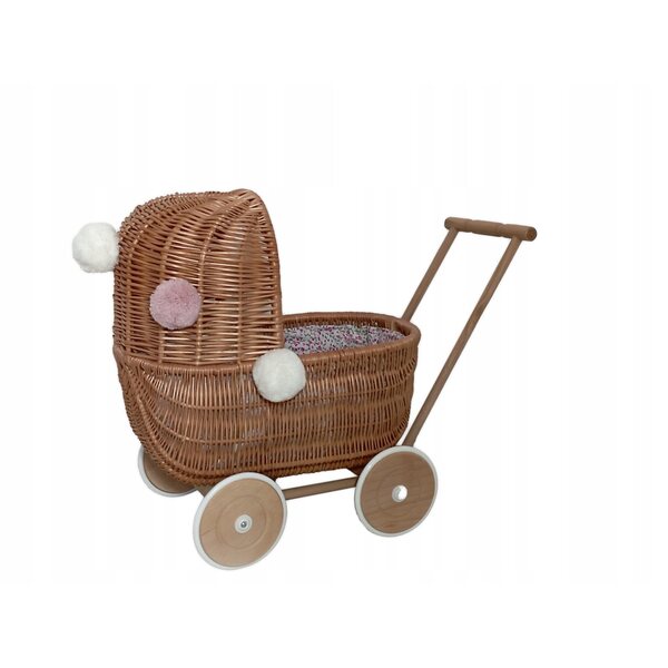 Passeggino per bambole in vimini, naturale, con ruote in legno, 45 cm