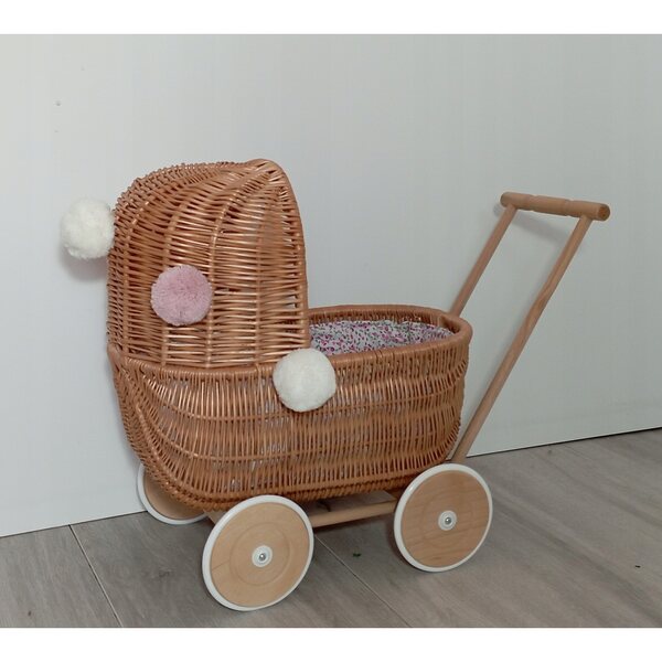 Passeggino per bambole in vimini, naturale, con ruote in legno, 45 cm
