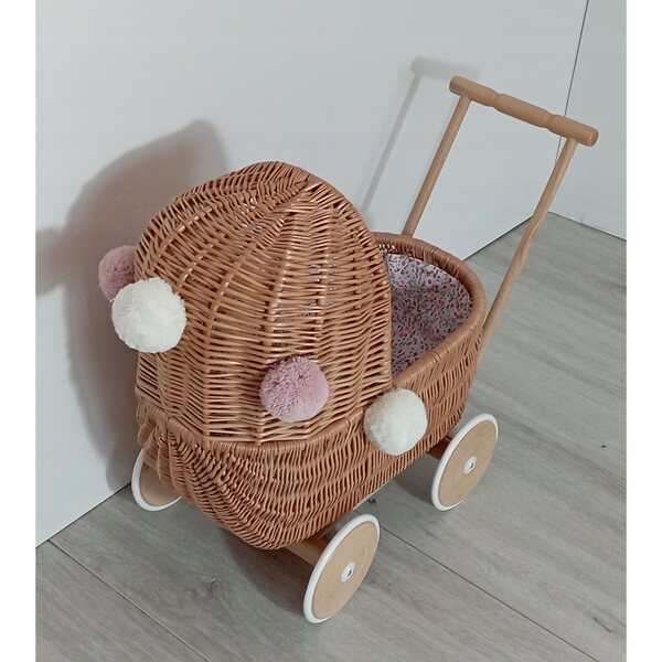 Passeggino per bambole in vimini, naturale, con ruote in legno, 45 cm