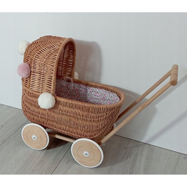 Passeggino per bambole in vimini, naturale, con ruote in legno, 45 cm