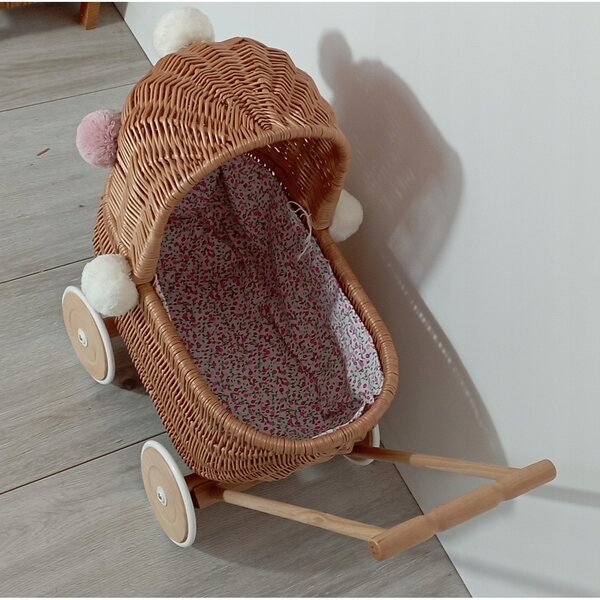 Passeggino per bambole in vimini, naturale, con ruote in legno, 45 cm