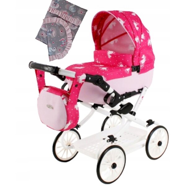 Adbor VIKI-04 Puppenwagen mit kostenlosem Bettwäscheset, Einhorn rosa
