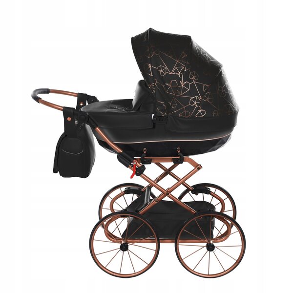 Junama Heart Mini Puppenwagen, schwarz, mit verstellbarem Griff und großen Rädern