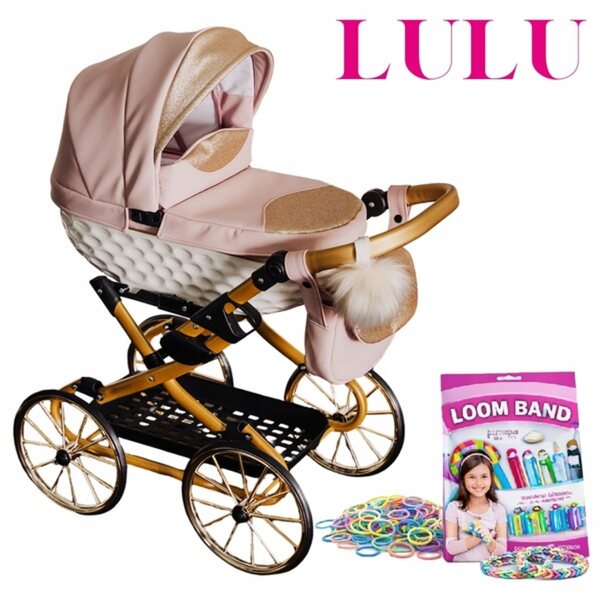 Adbor Lulu 03 Puppenwagen aus rosafarbenem Kunstleder mit Zubehör und großen Rädern