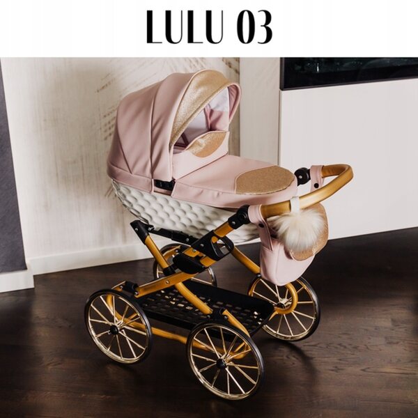 Adbor Lulu 03 Puppenwagen aus rosafarbenem Kunstleder mit Zubehör und großen Rädern