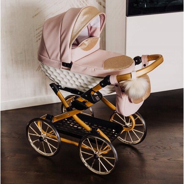 Adbor Lulu 03 Puppenwagen aus rosafarbenem Kunstleder mit Zubehör und großen Rädern