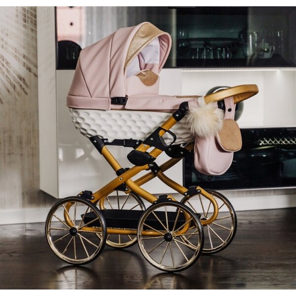 Adbor Lulu 03 Puppenwagen aus rosafarbenem Kunstleder mit Zubehör und großen Rädern