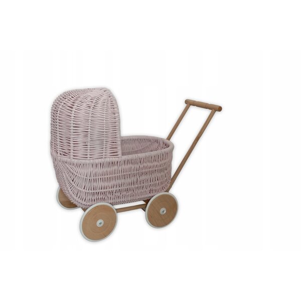 Passeggino per bambole in vimini, spingitore rosa, stile retrò, 45x30x46 cm, prodotto polacco