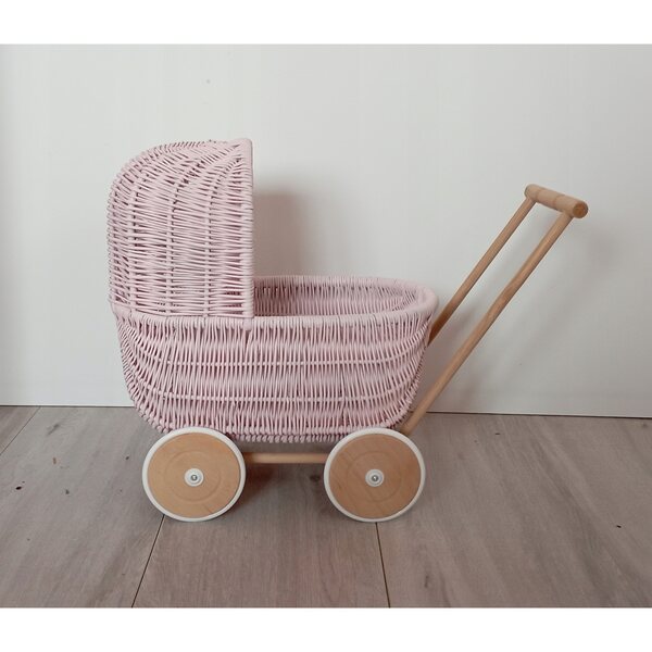 Passeggino per bambole in vimini, spingitore rosa, stile retrò, 45x30x46 cm, prodotto polacco