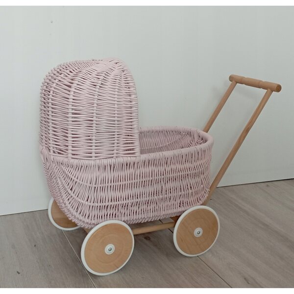Passeggino per bambole in vimini, spingitore rosa, stile retrò, 45x30x46 cm, prodotto polacco
