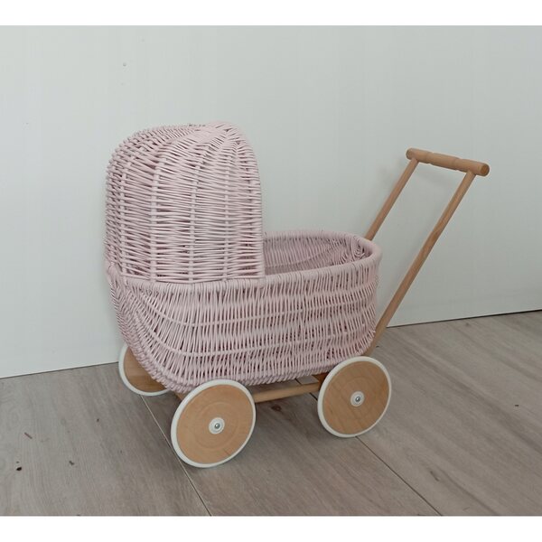 Passeggino per bambole in vimini, spingitore rosa, stile retrò, 45x30x46 cm, prodotto polacco