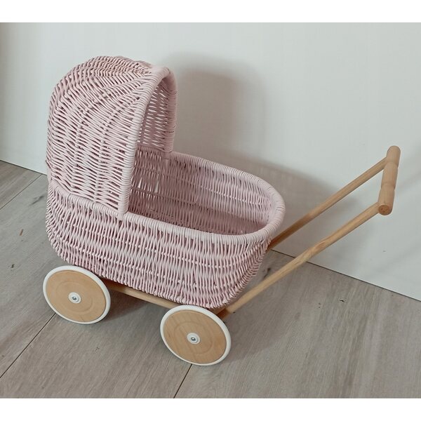 Passeggino per bambole in vimini, spingitore rosa, stile retrò, 45x30x46 cm, prodotto polacco