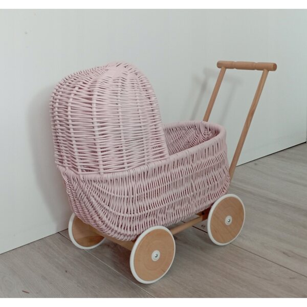 Passeggino per bambole in vimini, spingitore rosa, stile retrò, 45x30x46 cm, prodotto polacco