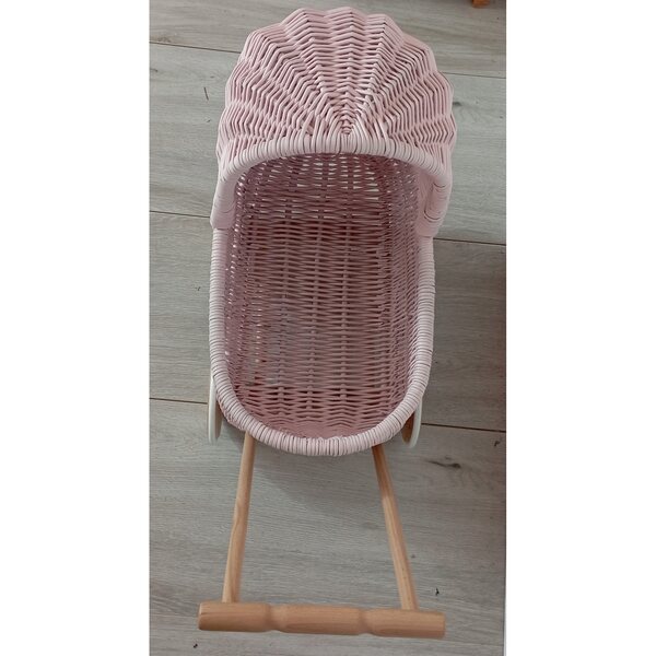 Passeggino per bambole in vimini, spingitore rosa, stile retrò, 45x30x46 cm, prodotto polacco