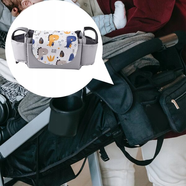 Organizer universale da passeggino con portabicchiere in tessuto grigio chiaro