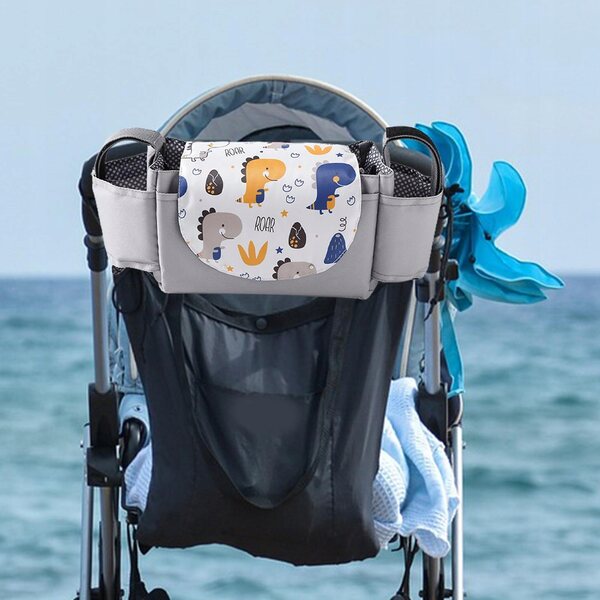 Organizer universale da passeggino con portabicchiere in tessuto grigio chiaro