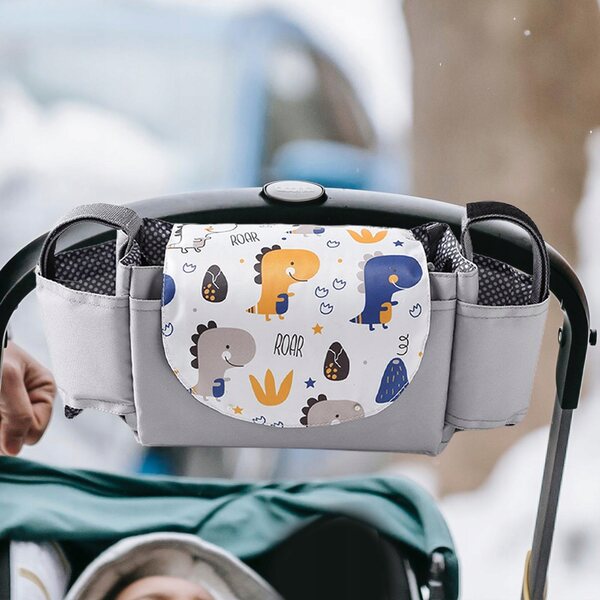 Organizer universale da passeggino con portabicchiere in tessuto grigio chiaro