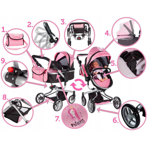 2-in-1-Kinderwagen für Puppen mit Griffverstellung und Tasche inklusive
