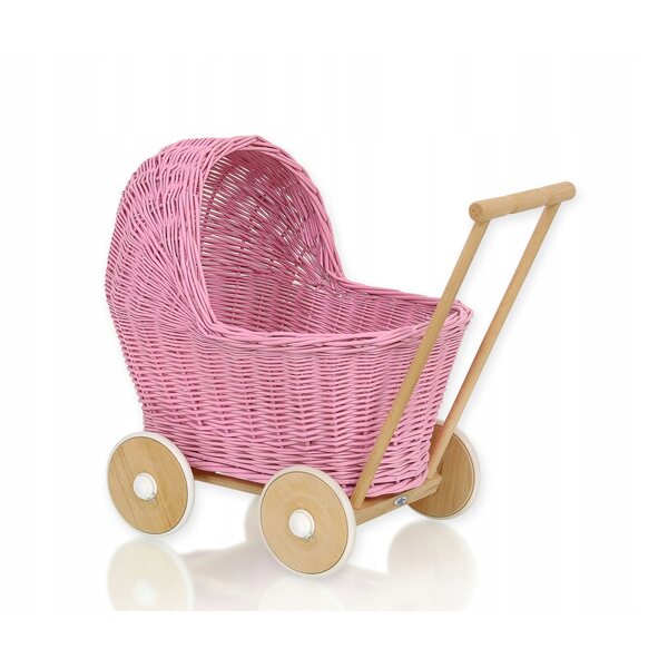 Tiefer Kinderwagen für die My Sweet Baby-Puppe, aus handgeflochtenem rosa Korbgeflecht