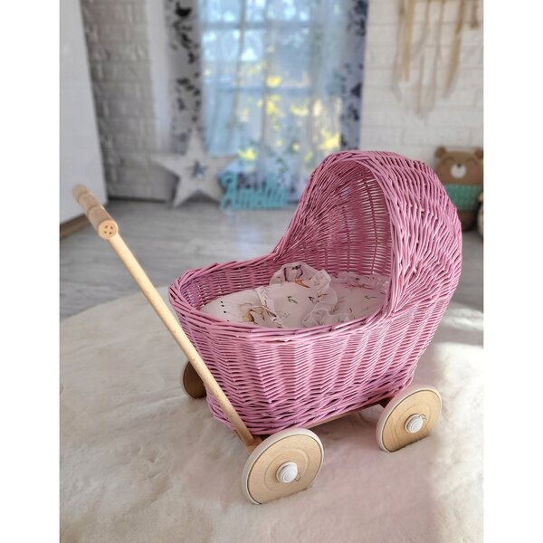 Tiefer Kinderwagen für die My Sweet Baby-Puppe, aus handgeflochtenem rosa Korbgeflecht