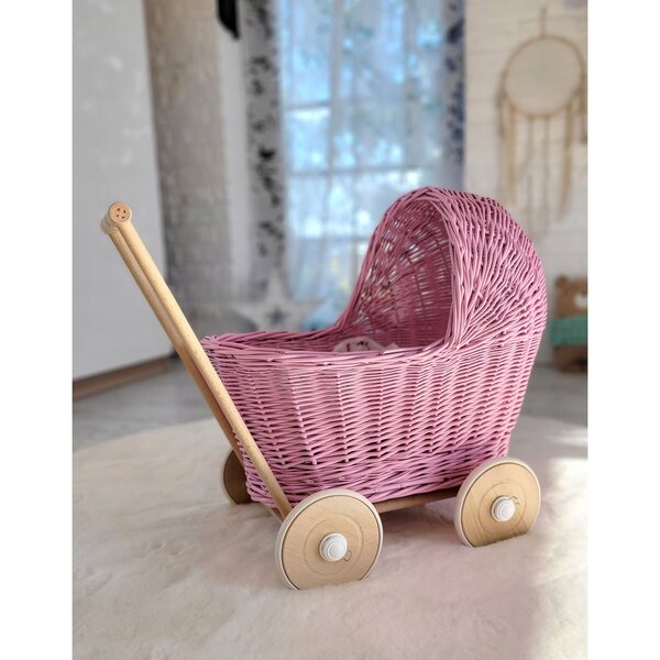 Tiefer Kinderwagen für die My Sweet Baby-Puppe, aus handgeflochtenem rosa Korbgeflecht