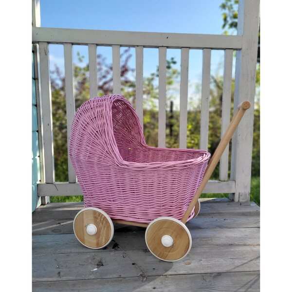 Tiefer Kinderwagen für die My Sweet Baby-Puppe, aus handgeflochtenem rosa Korbgeflecht