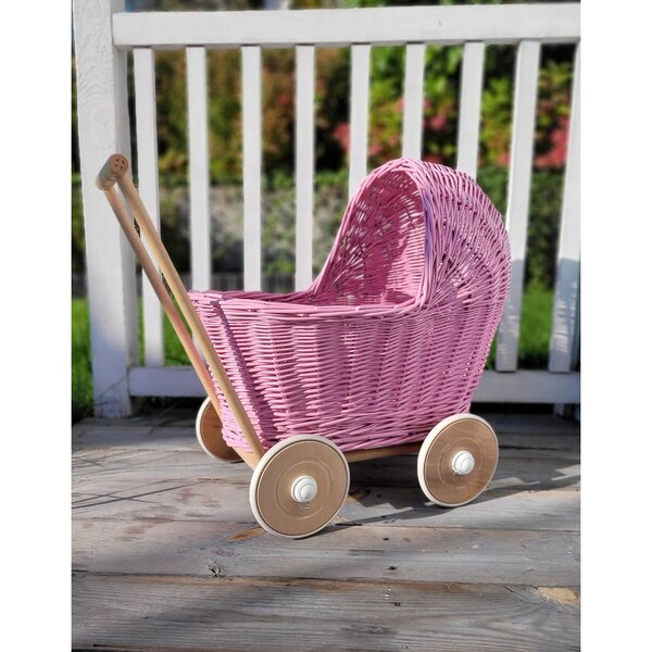 Tiefer Kinderwagen für die My Sweet Baby-Puppe, aus handgeflochtenem rosa Korbgeflecht