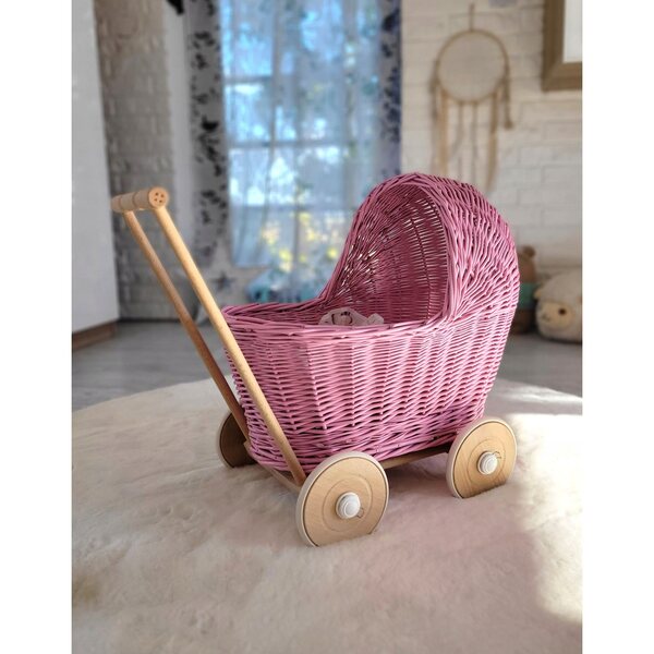 Tiefer Kinderwagen für die My Sweet Baby-Puppe, aus handgeflochtenem rosa Korbgeflecht
