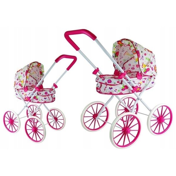 Ein tiefer Retro-Puppenwagen mit großen Rädern mit Blumen in Rosa und Weiß