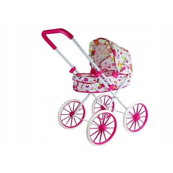 Ein tiefer Retro-Puppenwagen mit großen Rädern mit Blumen in Rosa und Weiß