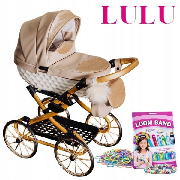 Adbor Lulu Puppenwagen aus beigem Kunstleder mit Zubehör und Klappgestell