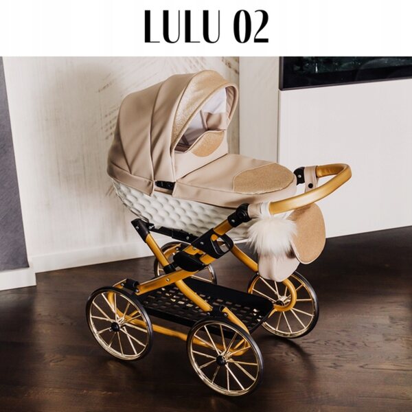 Adbor Lulu Puppenwagen aus beigem Kunstleder mit Zubehör und Klappgestell