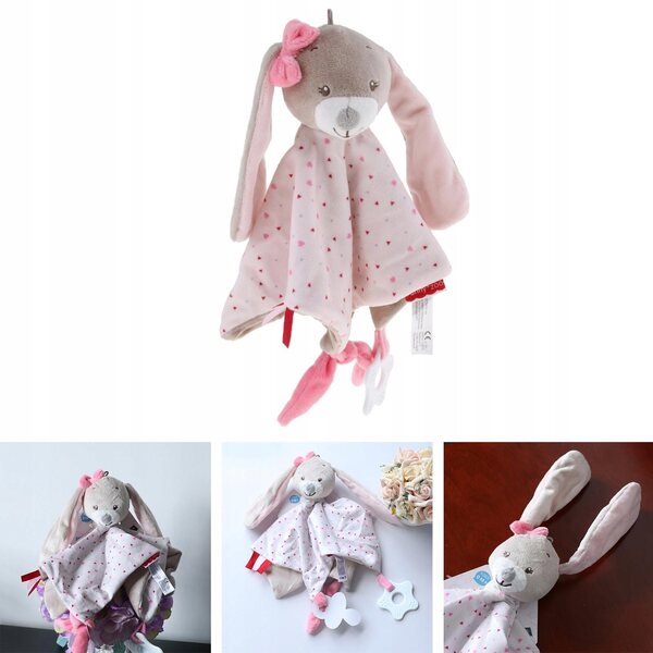 Roze konijn pluche deken met bel en label voor baby 3 in 1