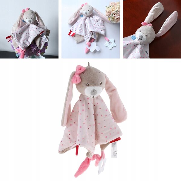 Roze konijn pluche deken met bel en label voor baby 3 in 1