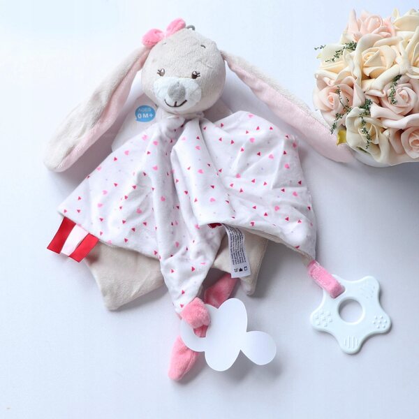 Roze konijn pluche deken met bel en label voor baby 3 in 1