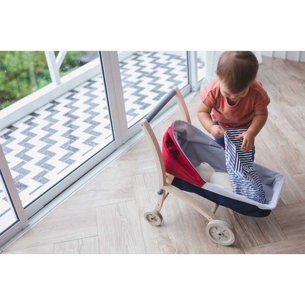 PlanToys 3496 tiefer Puppenwagen – Kinderwagen aus Holz für einen Spaziergang