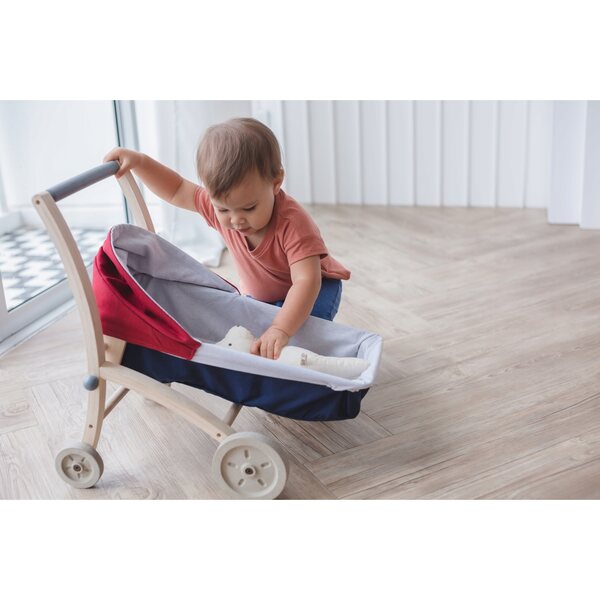 PlanToys 3496 tiefer Puppenwagen – Kinderwagen aus Holz für einen Spaziergang
