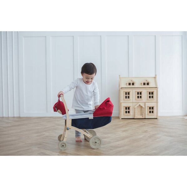 PlanToys 3496 tiefer Puppenwagen – Kinderwagen aus Holz für einen Spaziergang