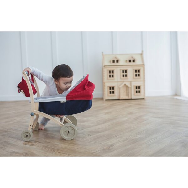 PlanToys 3496 tiefer Puppenwagen – Kinderwagen aus Holz für einen Spaziergang