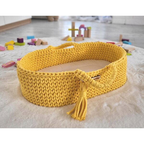 BOHO Moseskorb für Puppen mit Baumwollständer und gelber Holzwiege